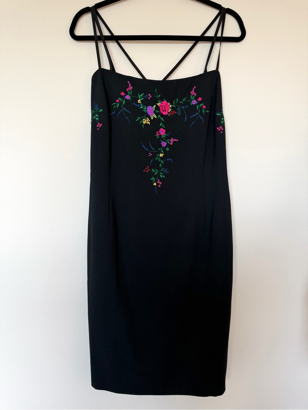 Vintage Embroidered Strappy Midi Dress Carole Little Black Floral Large